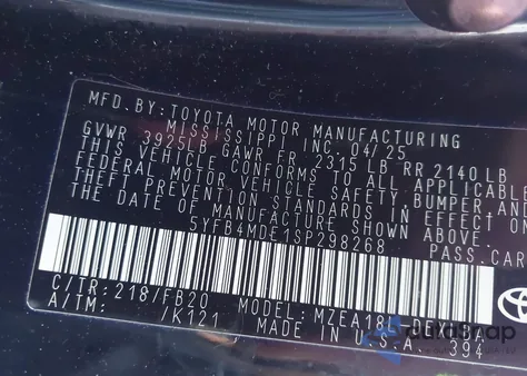 2025 Toyota Corolla Le z USA, uszkodzony, nr VIN 5YFB4MDE1SP298268